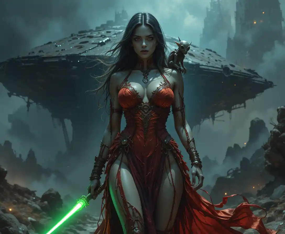 Undead Pirate Queen Stands Defiantly Before a Shadowy Ghost Ship