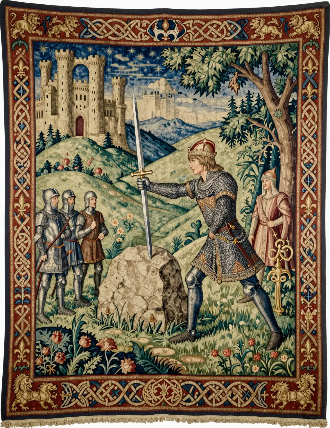 El rey Arturo extrae Excalibur de la piedra en un tapiz medieval