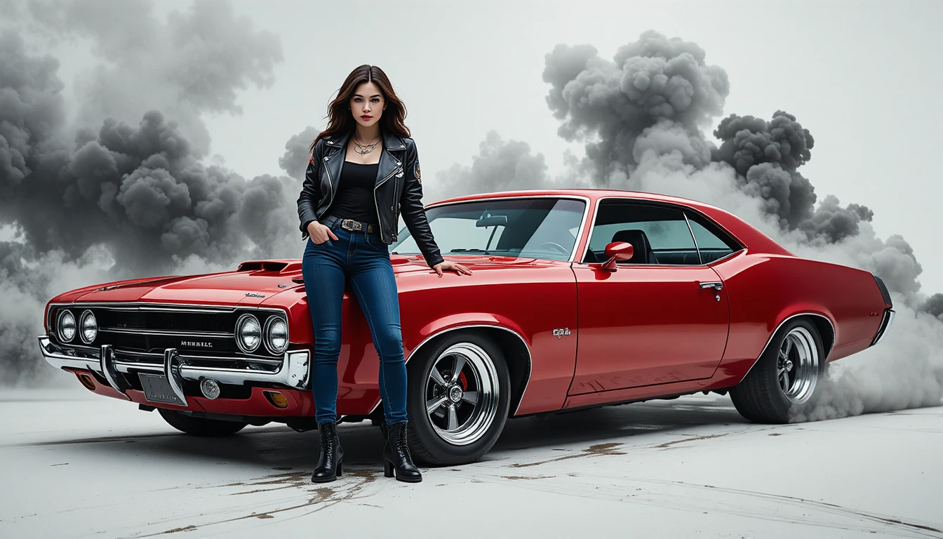 A woman stands beside a red muscle car amid tire smoke