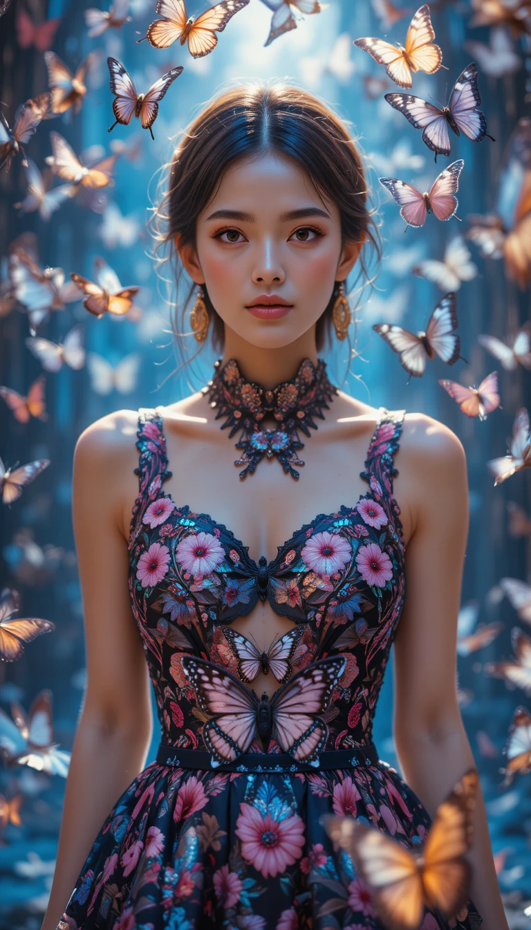 A young Japanese woman surrounded by butterflies in an editorial portrait