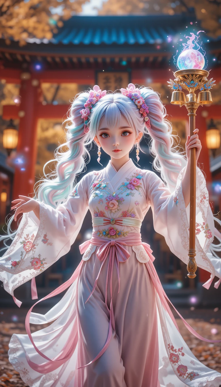 A Fantasy Girl Performs a Shrine Dance Beneath Glowing Lanterns at Night