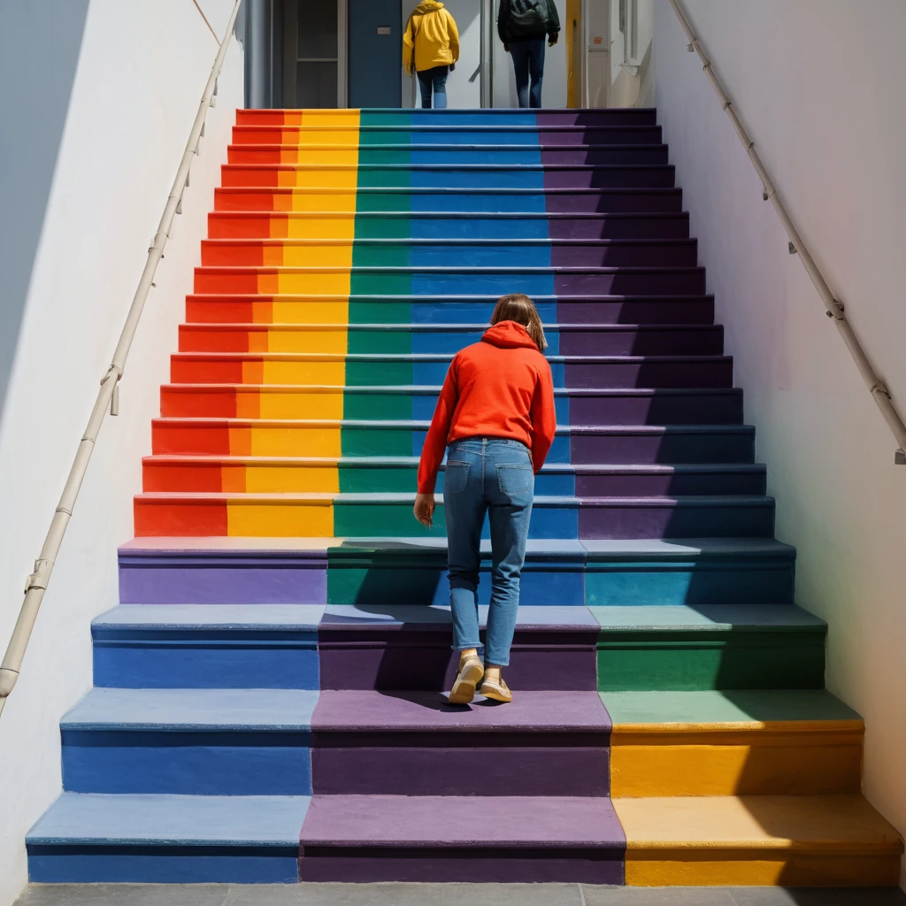 Une personne monte un escalier aux marches aux couleurs de l’arc-en-ciel