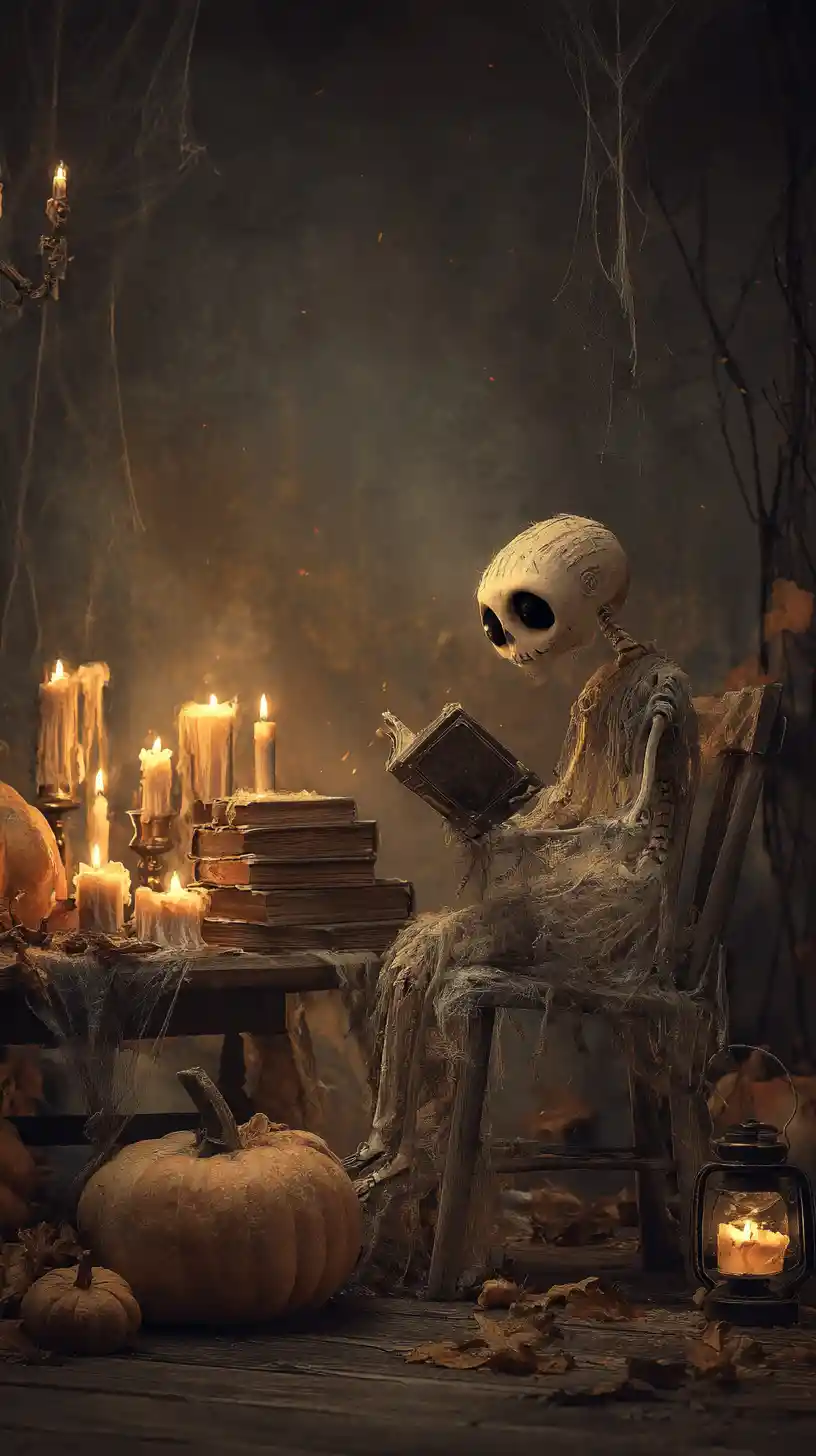 Um fantasma translúcido lê um grimório brilhante à luz de velas, sentado à mesa