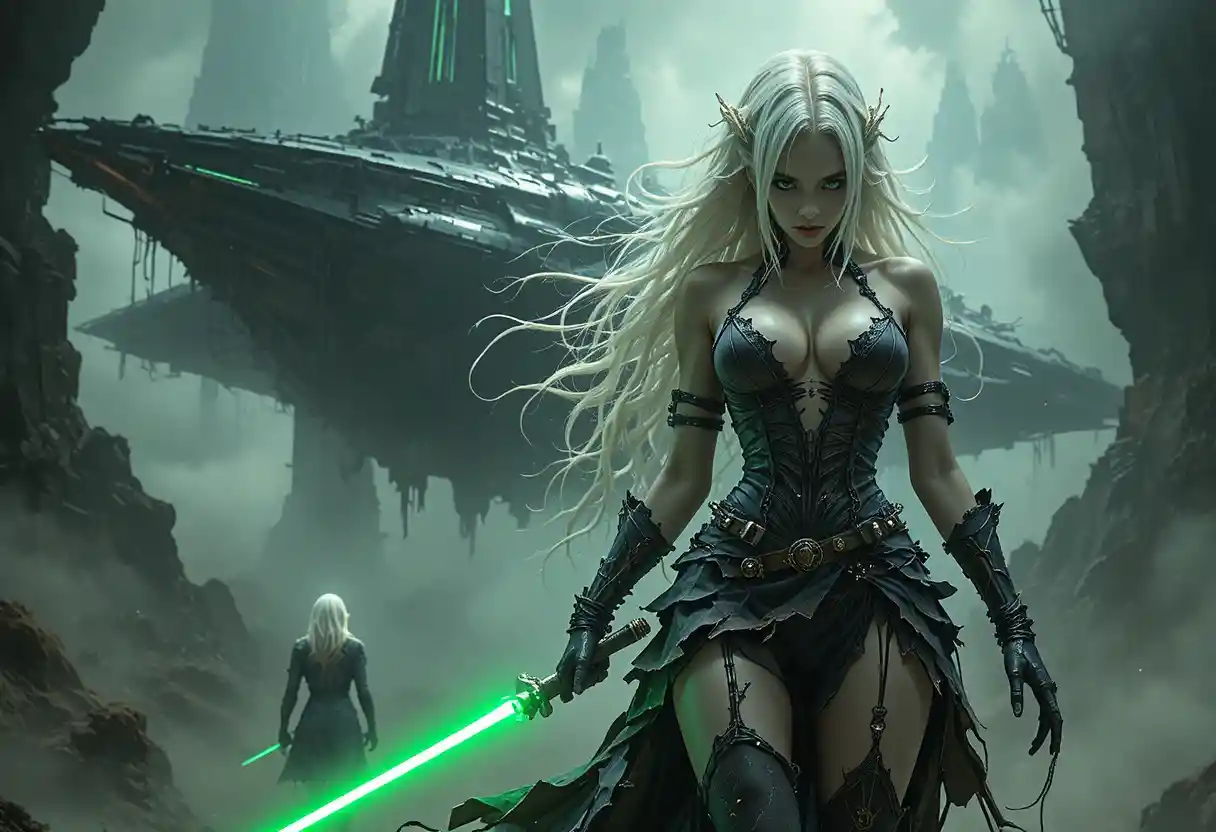 An undead pirate queen holds a glowing saber before a ghostly spaceship