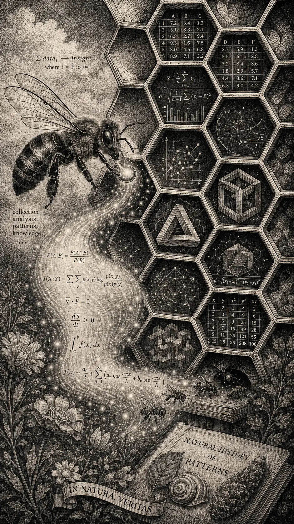 Una abeja melífera recoge datos brillantes en una colmena surrealista de hojas de cálculo