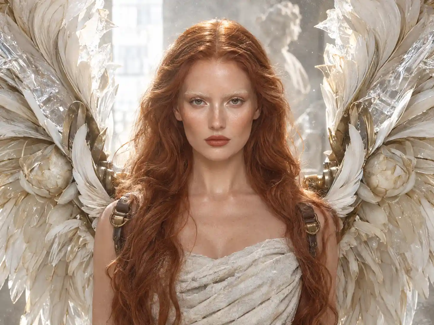 A red-haired woman poses before a monumental lotus-petal wing apparatus