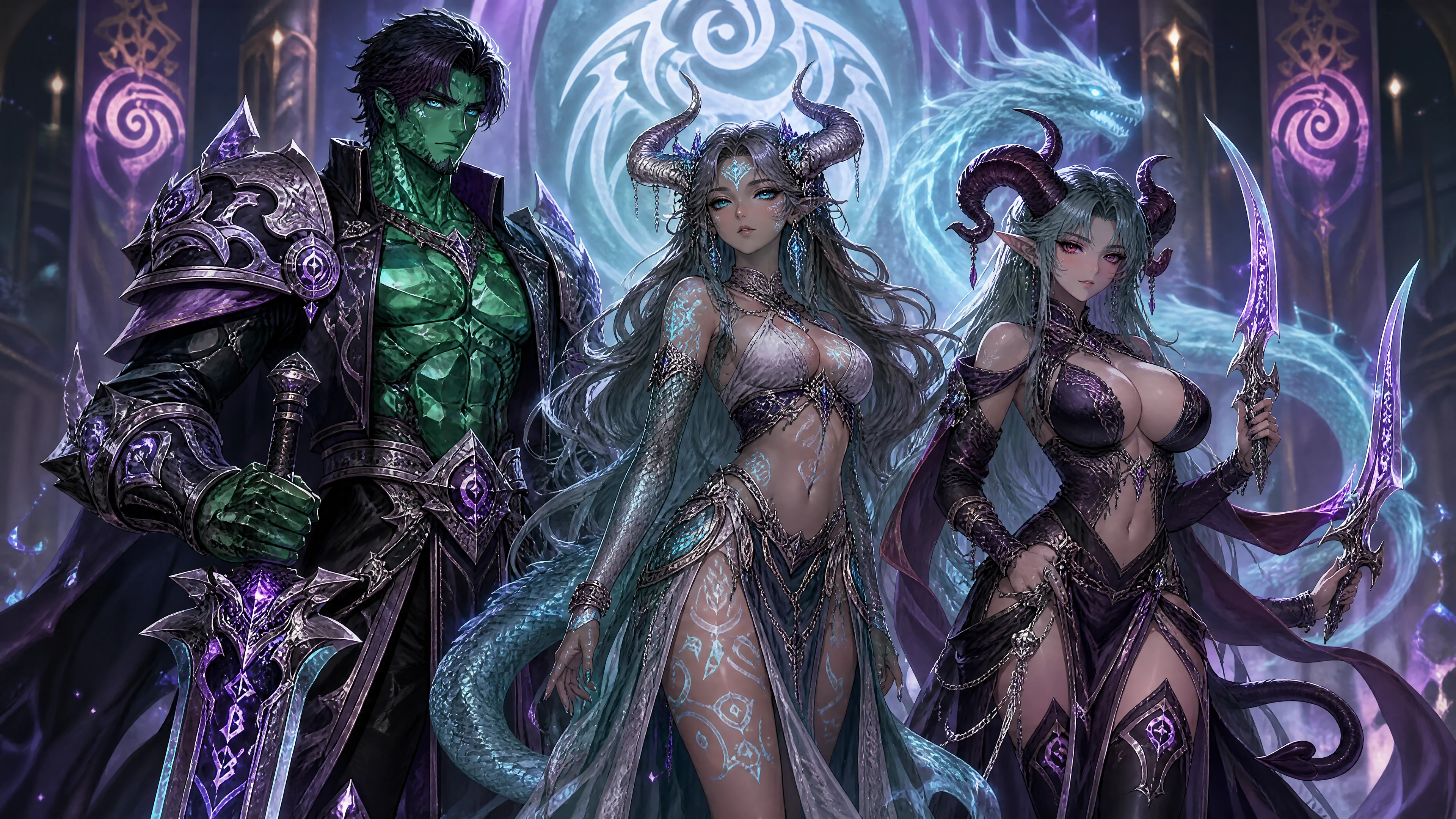 A tribal spirit queen with dragon horns, silver scales, and flowing hair
