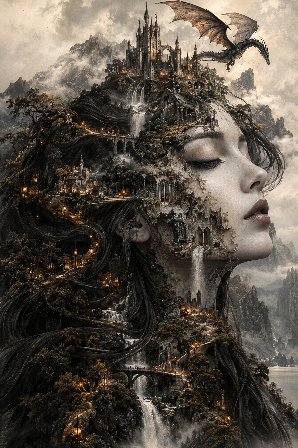 超現實女性臉龐從夢幻般的山巒景致中浮現