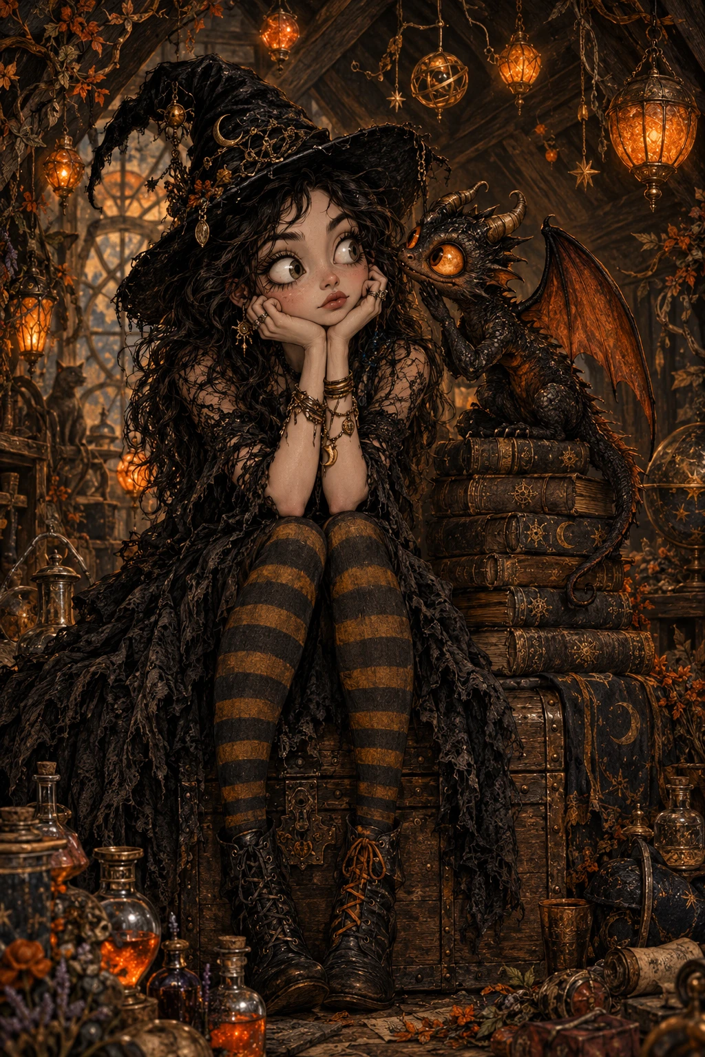 A Curious Witch Sits Upon an Antique Chest in a Magical Attic