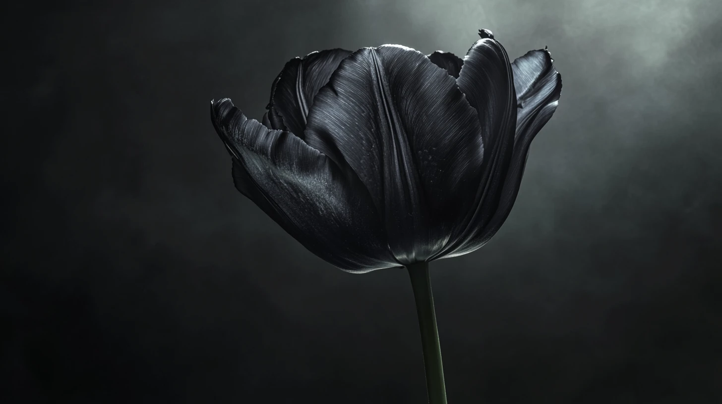 A Black Tulip Rising From Darkness Amid Botanical Engravings