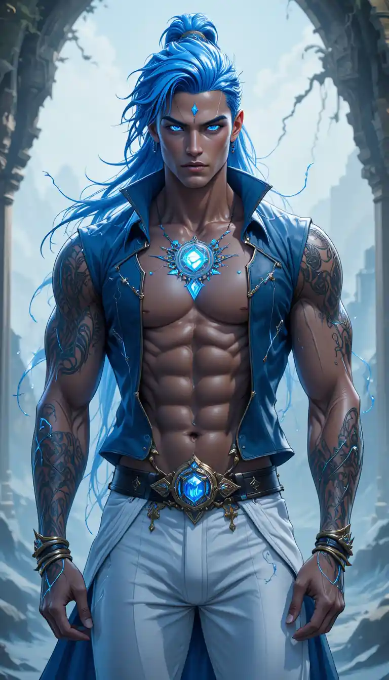 A fantasy man with electric blue hair, deer antlers, and ornate jewelry