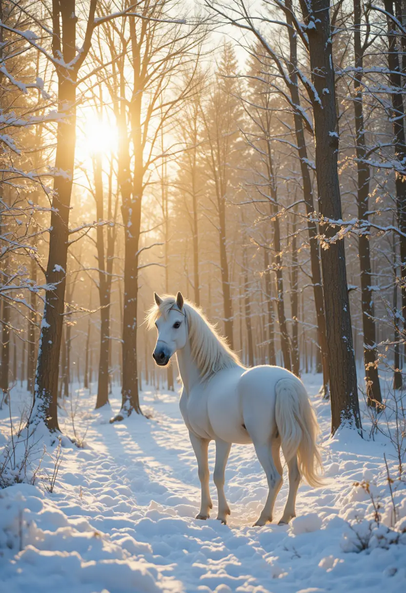 Un unicornio trota por un bosque nevado durante la hora dorada