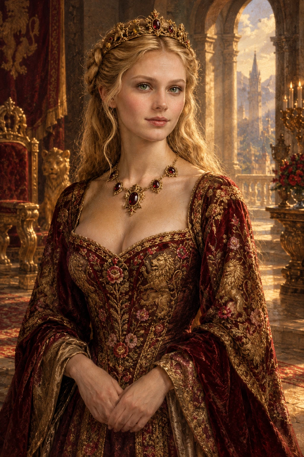 Eine junge Frau in einem Renaissanceporträt mit einem karmesinroten und goldenen Kleid