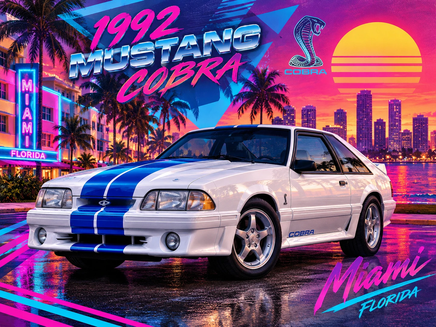 邁阿密的白色 Mustang Cobra 與藍色賽車條紋