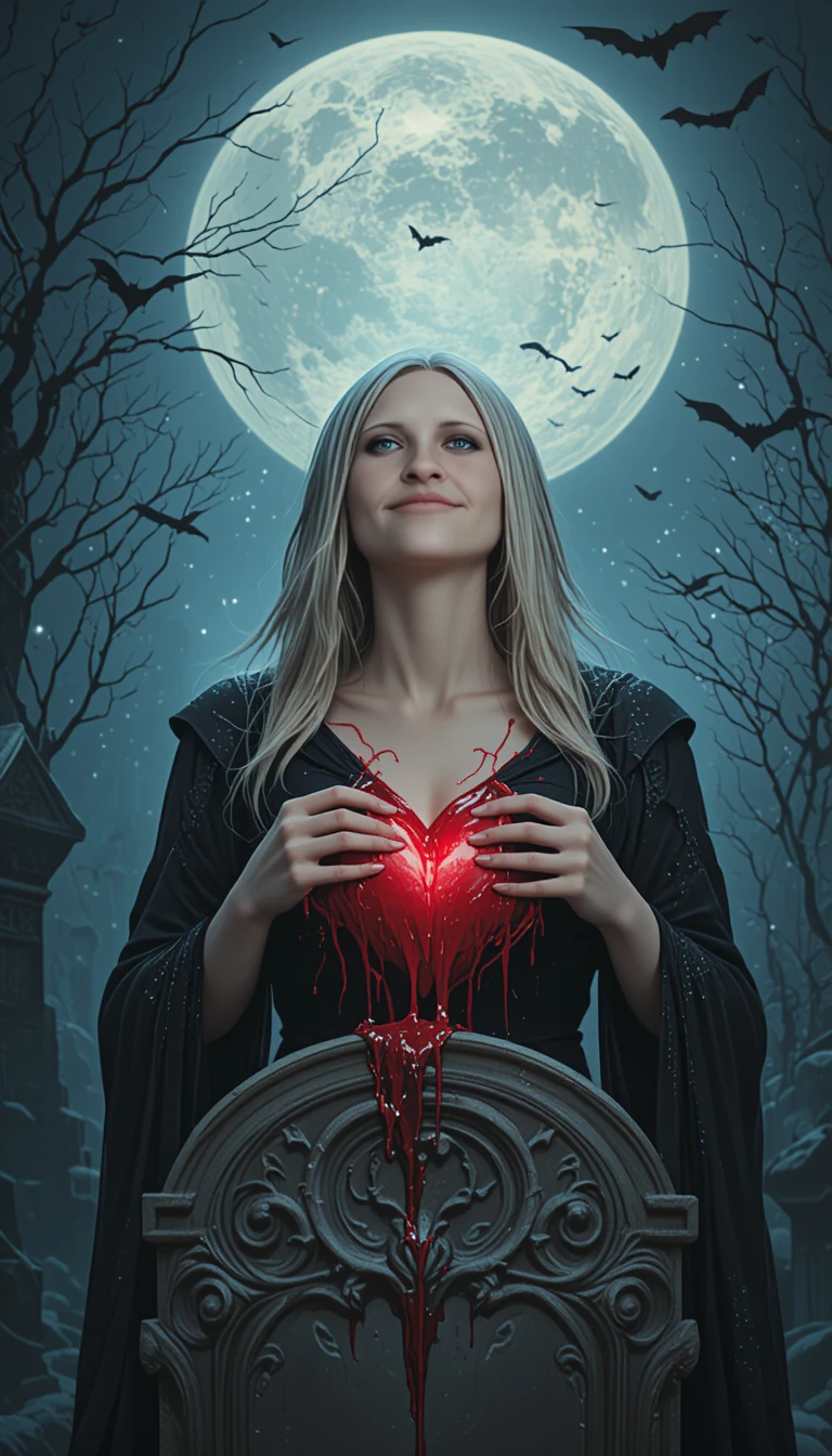 A Vampire Countess Holds Her Heart Beside a Stone Gravestone