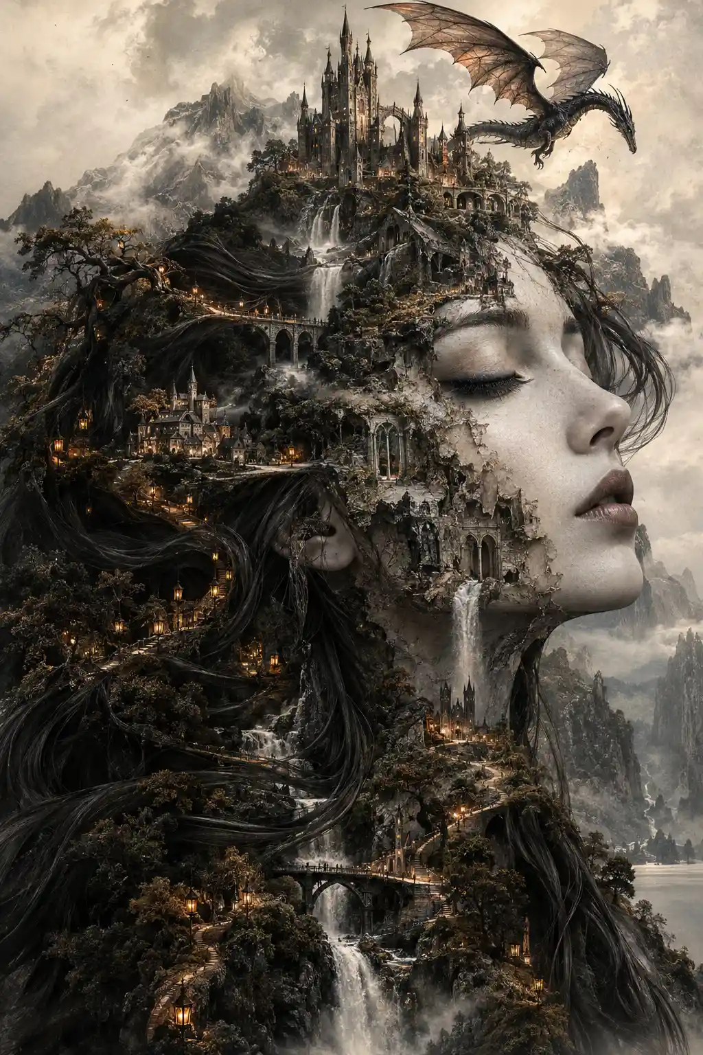 超現實女性臉龐從夢幻般的山巒景致中浮現