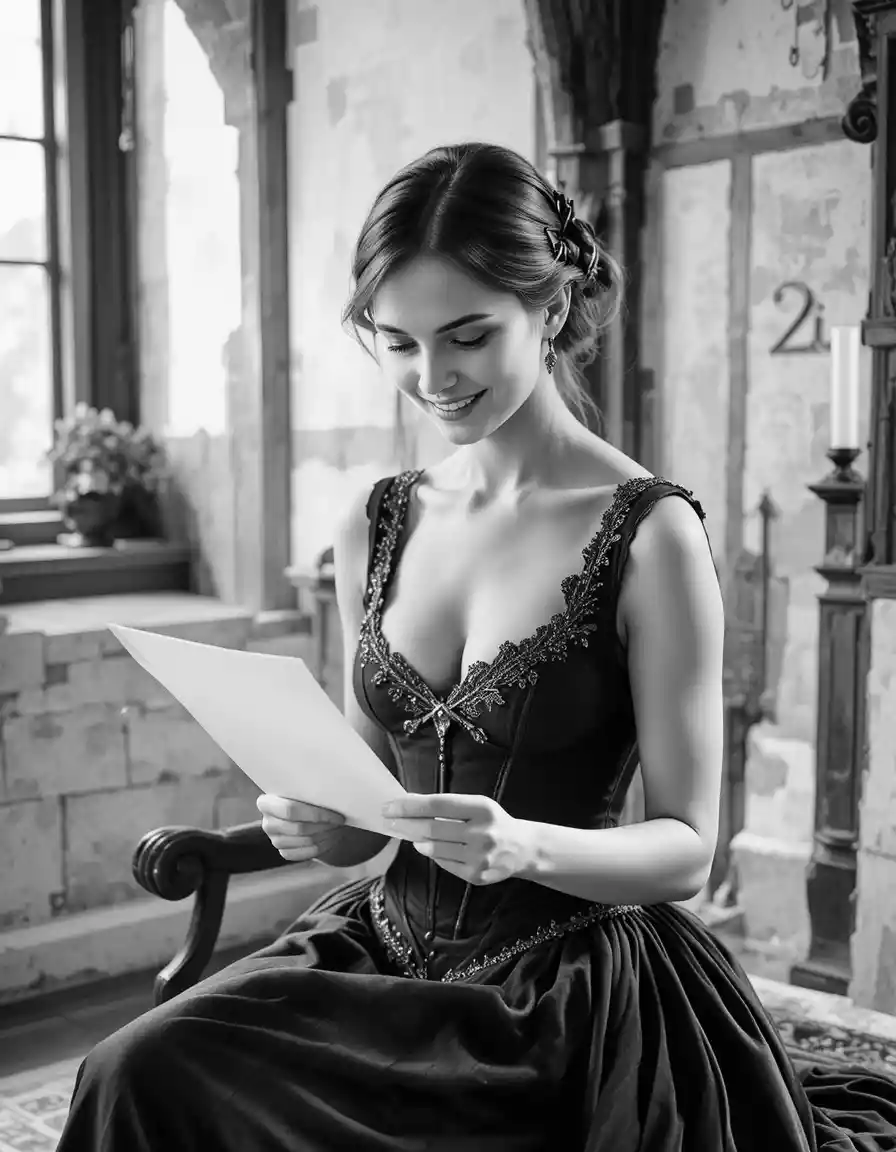 Una donna legge una lettera in una stanza medievale