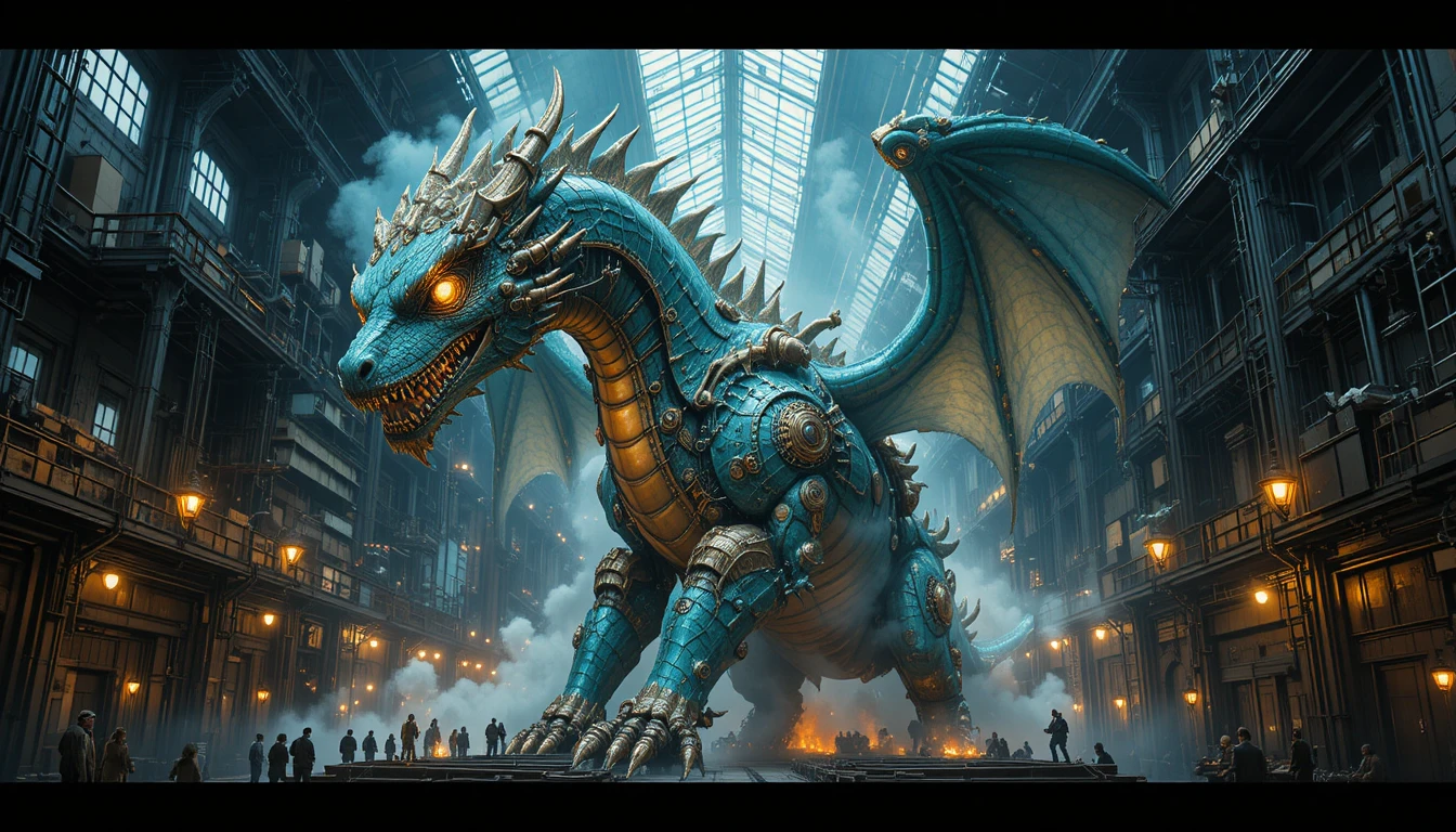 A colossal steampunk dragon stands amid the machinery of a vast factory