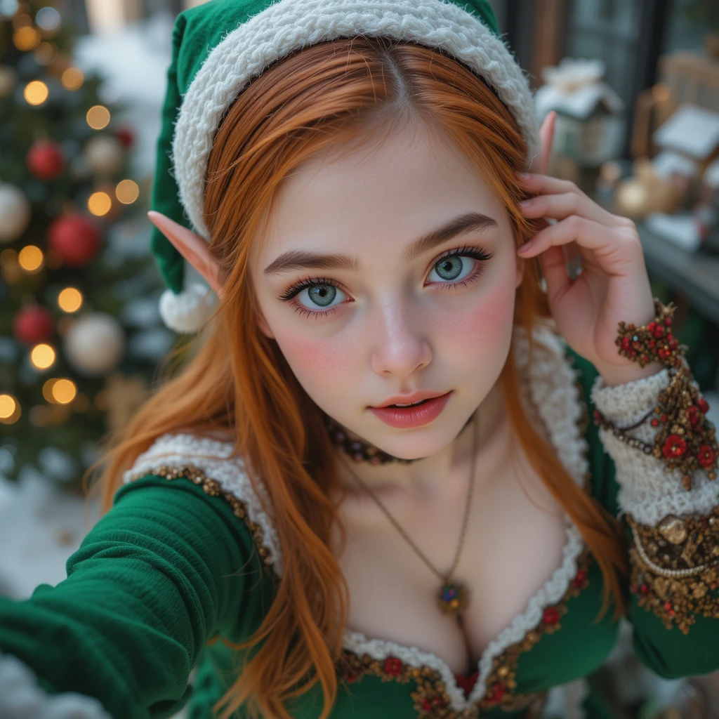 Eine junge Elfe in grüner Weihnachtskleidung macht ein Selfie