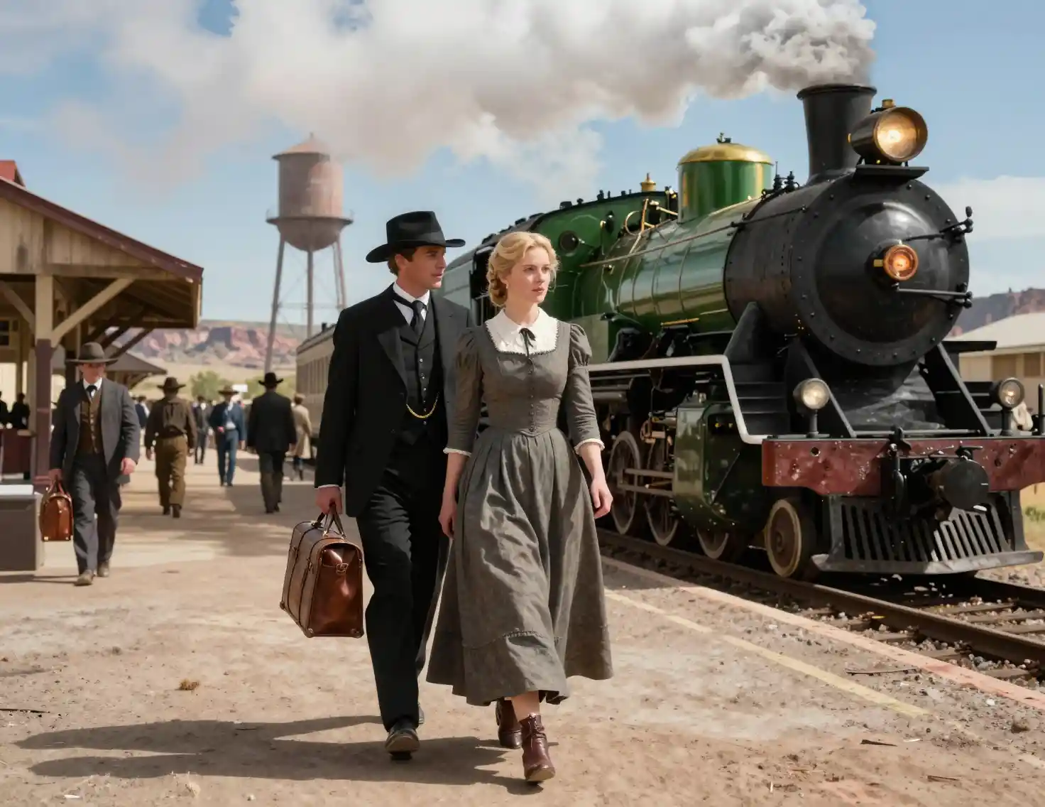 A Victorian couple walks toward the camera at a frontier railway station