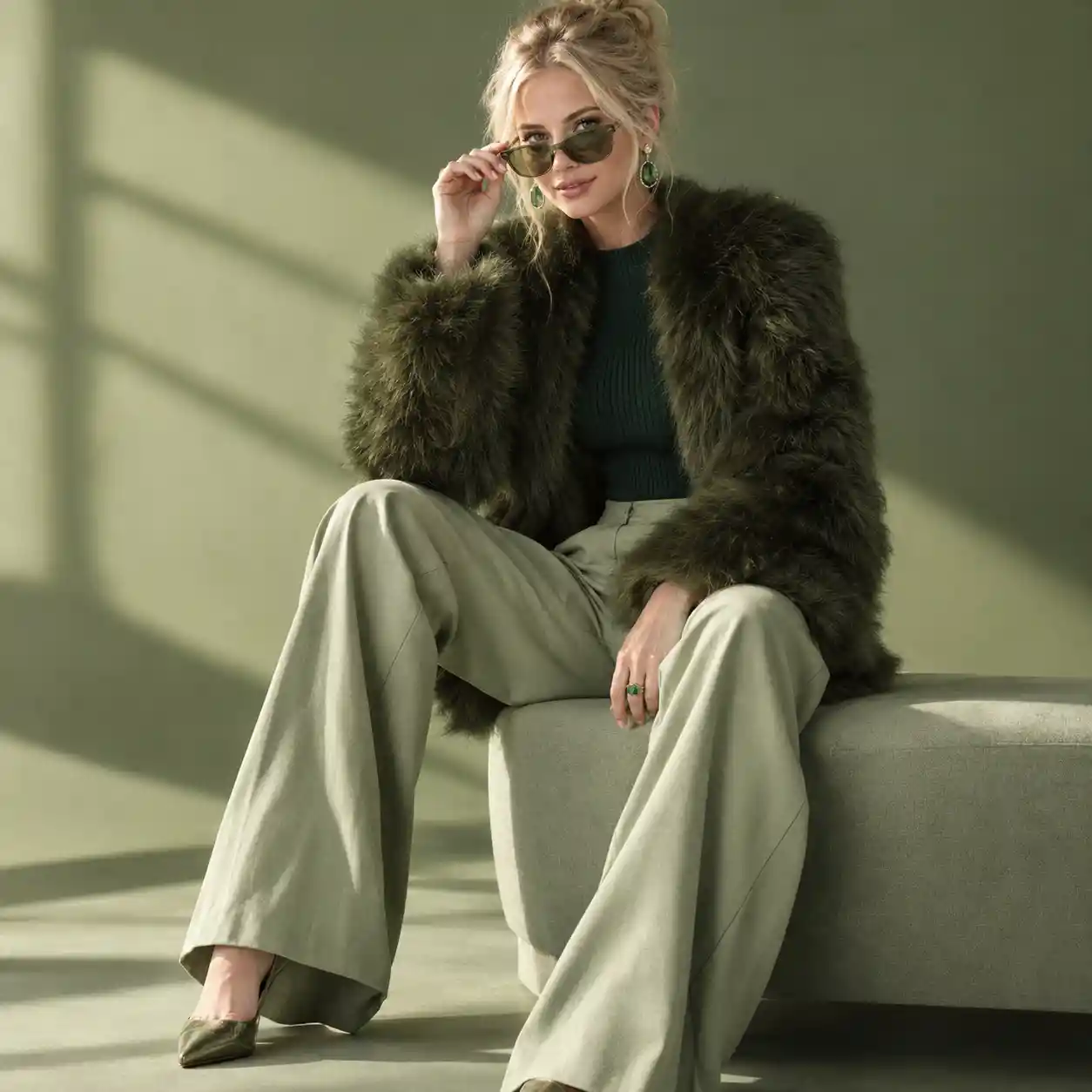 Una mujer sentada en un estudio verde con una chaqueta de piel color oliva