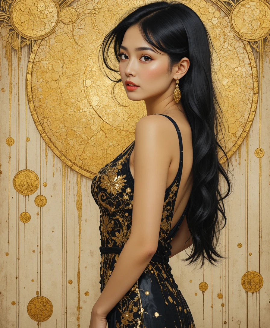 금빛 아르누보 모티프를 배경으로 옆모습을 보이는 1920년대 아시아 여성