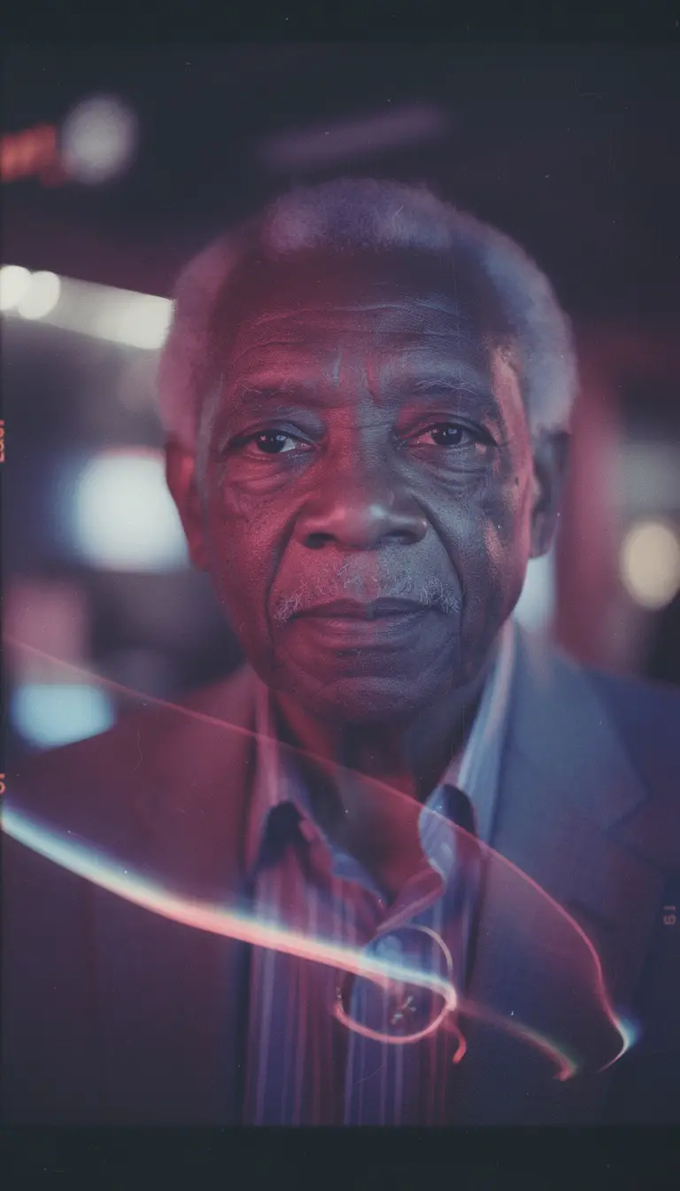 Un retrato estereoscópico de Morgan Freeman bajo luces de neón