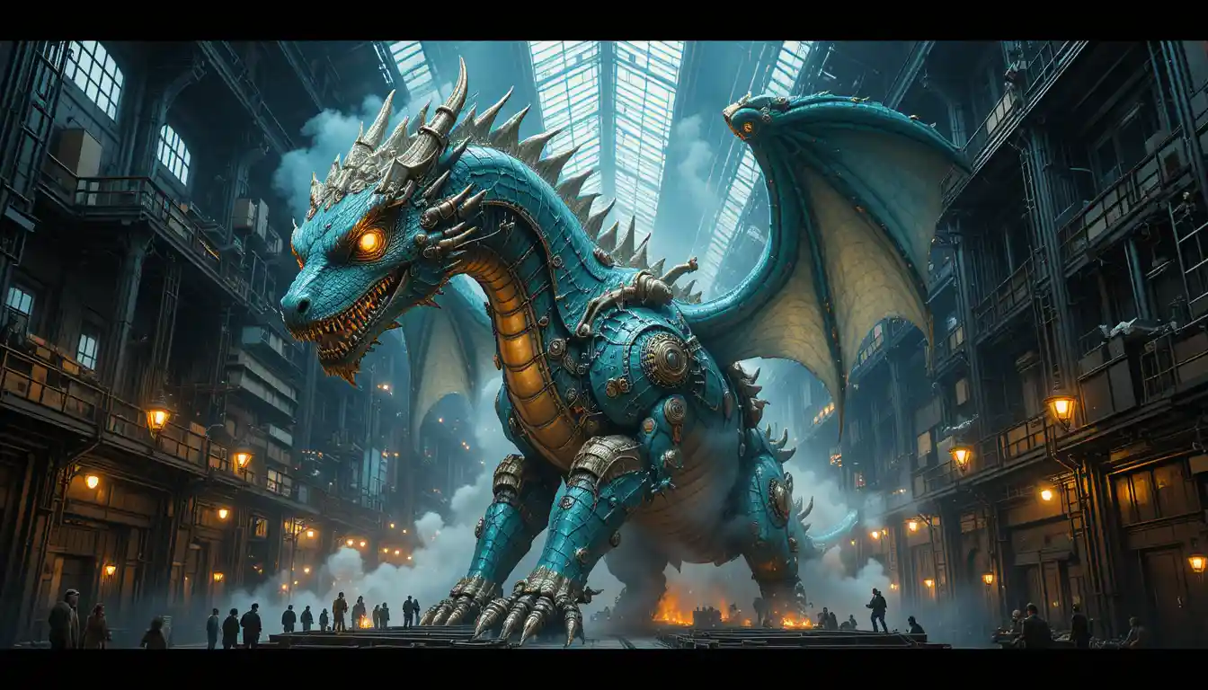 A colossal steampunk dragon stands amid the machinery of a vast factory