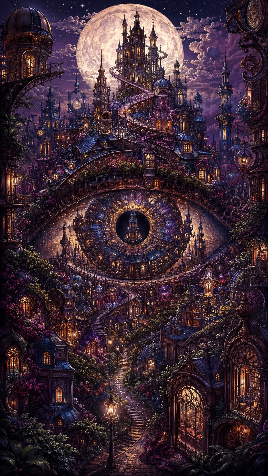 超大月亮下，錯落高塔點綴的奇幻月夜城市