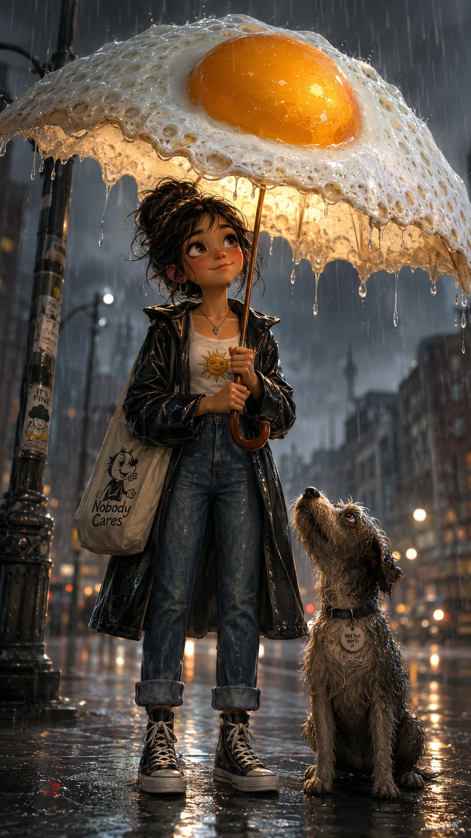 A girl stands in rain beneath a fried egg umbrella
