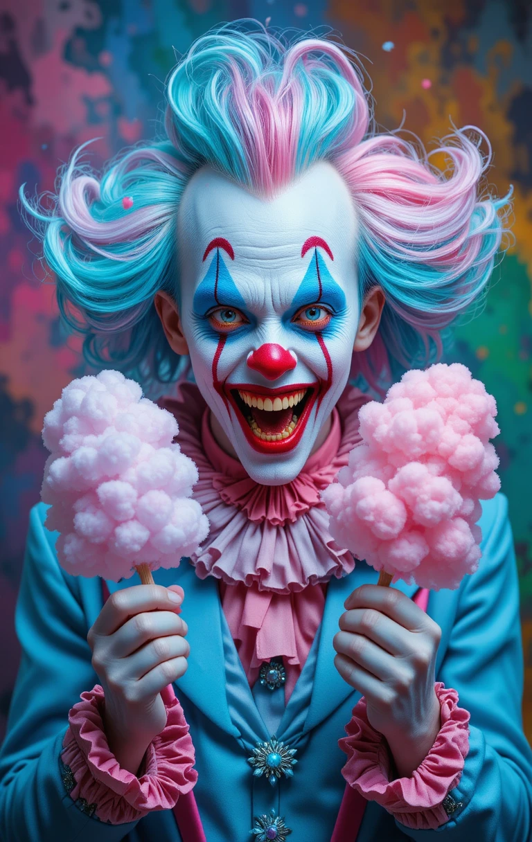 Un clown inquietante offre zucchero filato su uno sfondo vivace e multicolore