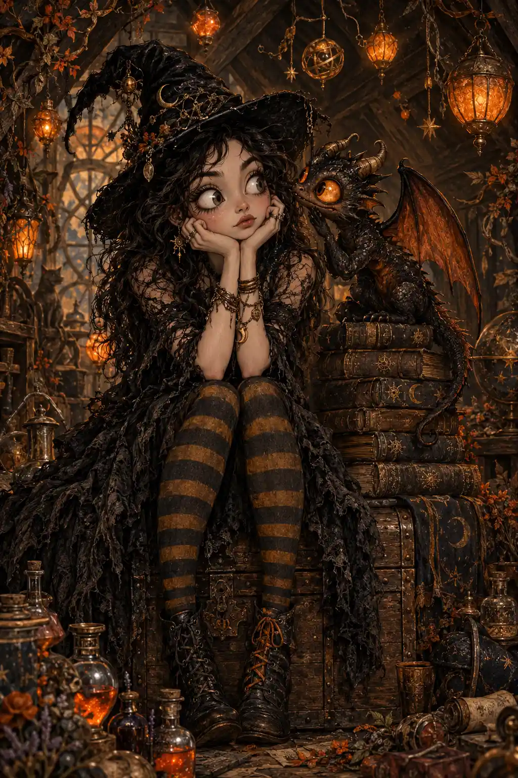 A Curious Witch Sits Upon an Antique Chest in a Magical Attic