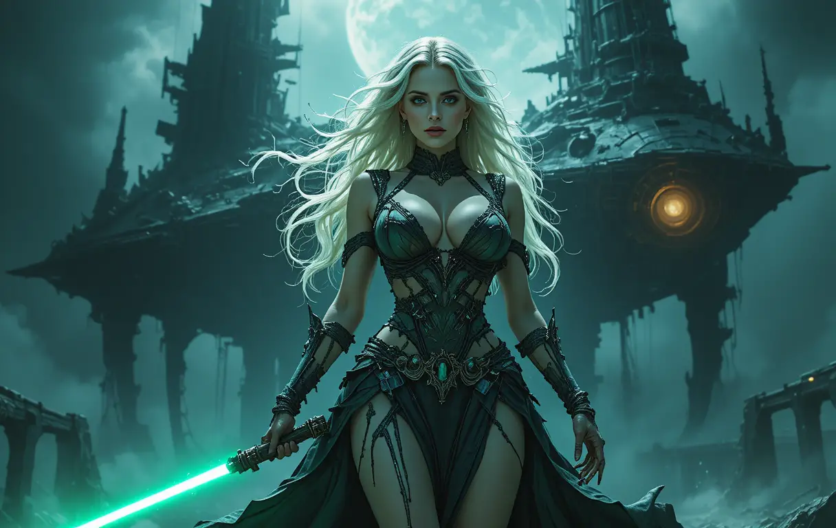 Una reina pirata no muerta se enfrenta a una nave espacial fantasma futurista con un sable resplandeciente