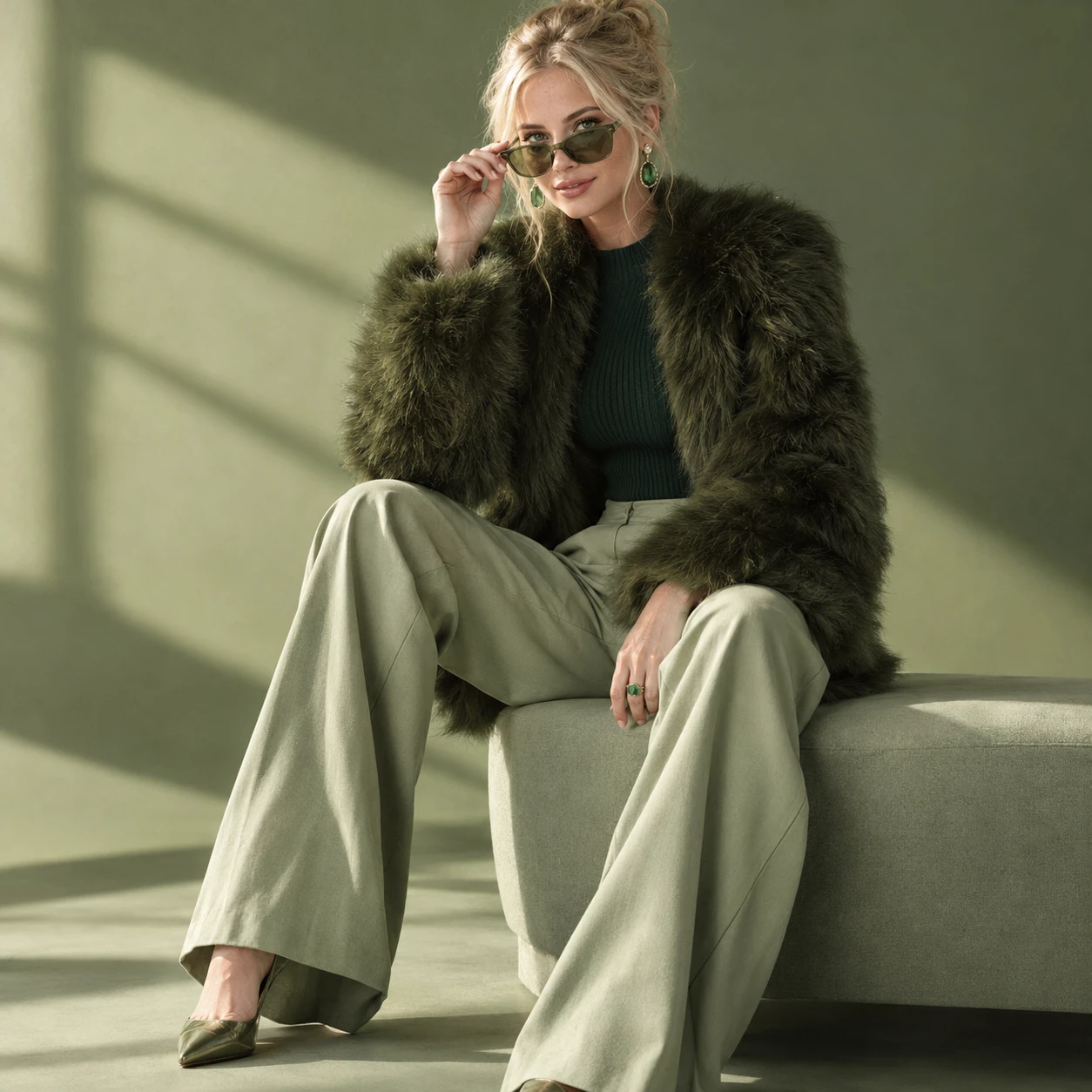 Una mujer sentada en un estudio verde con una chaqueta de piel color oliva