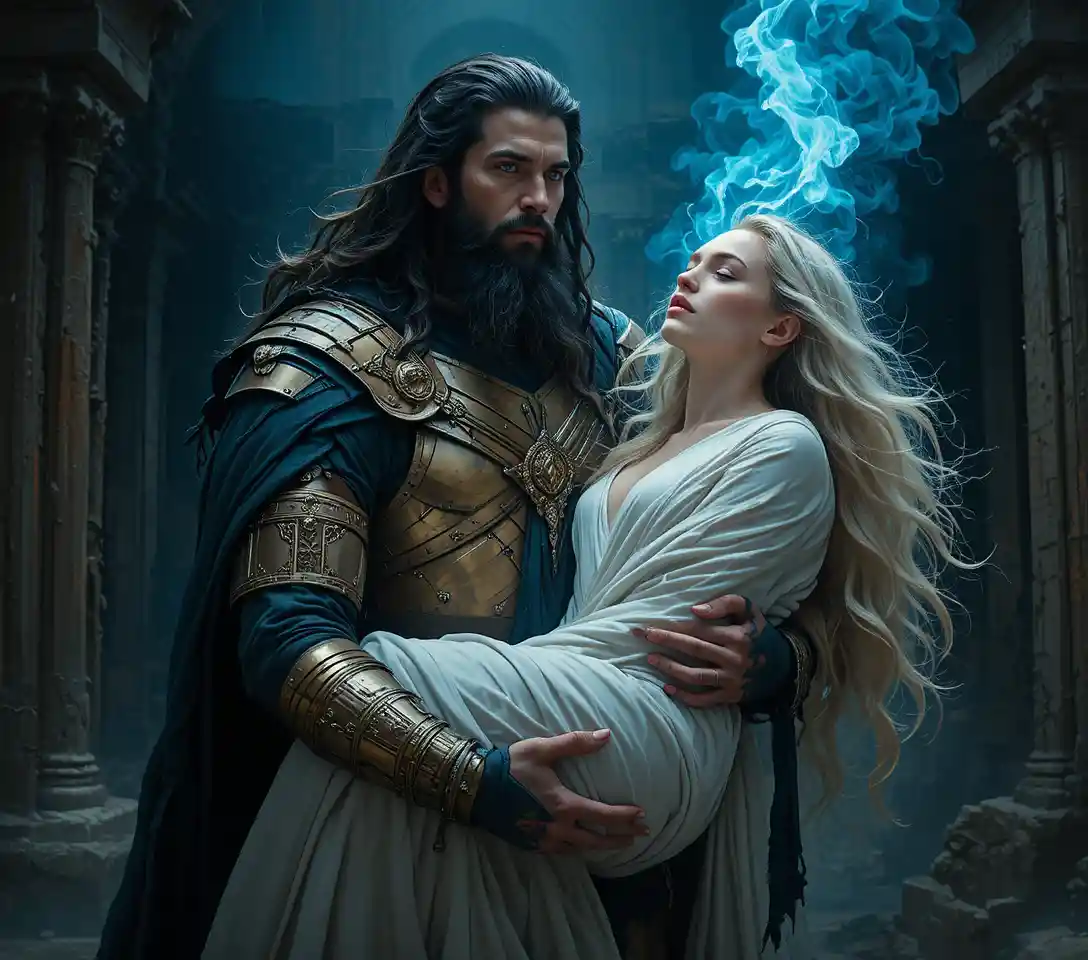 A warrior carries an ethereal woman through shadowed ancient ruins