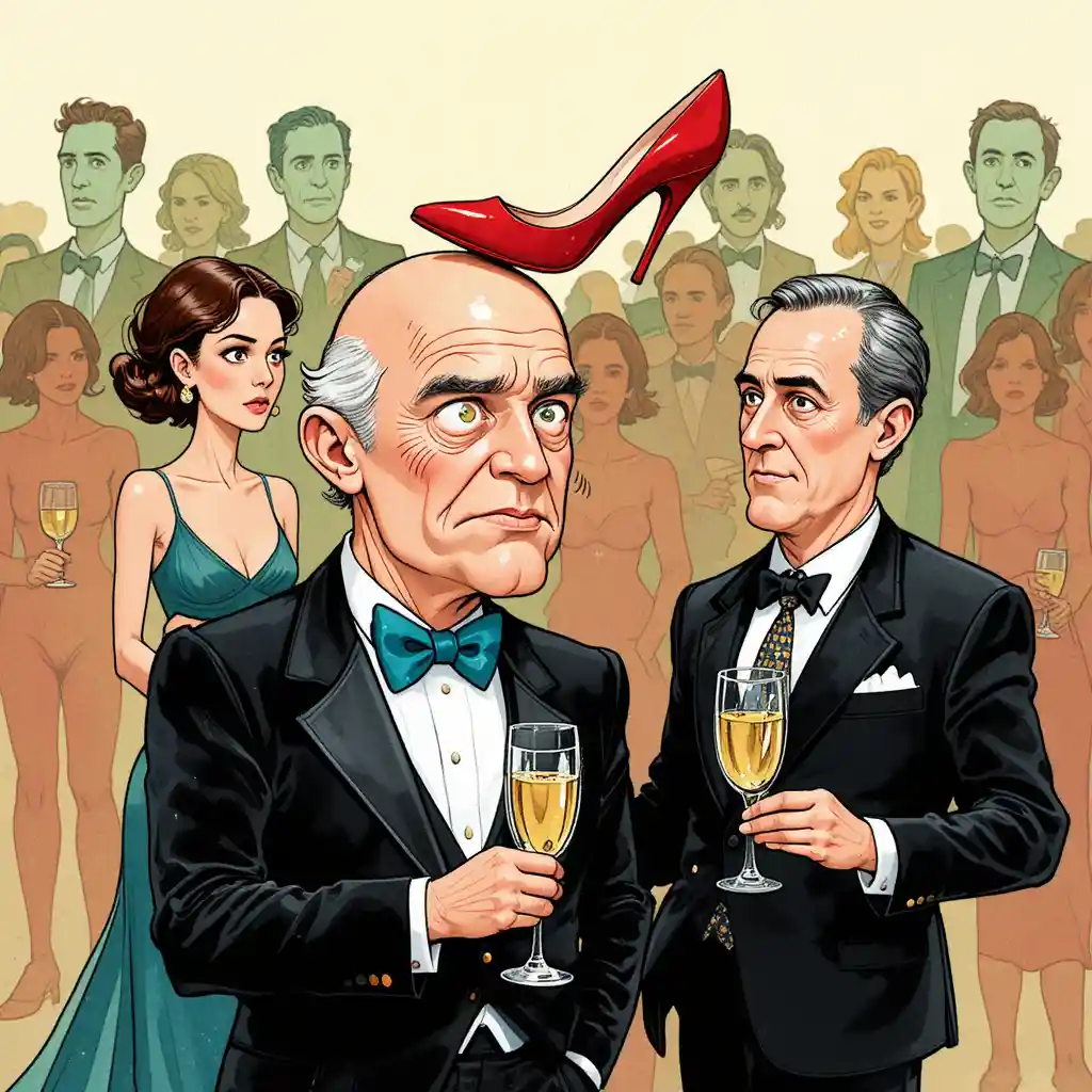 A bald man reacts as a red heel balances on his head