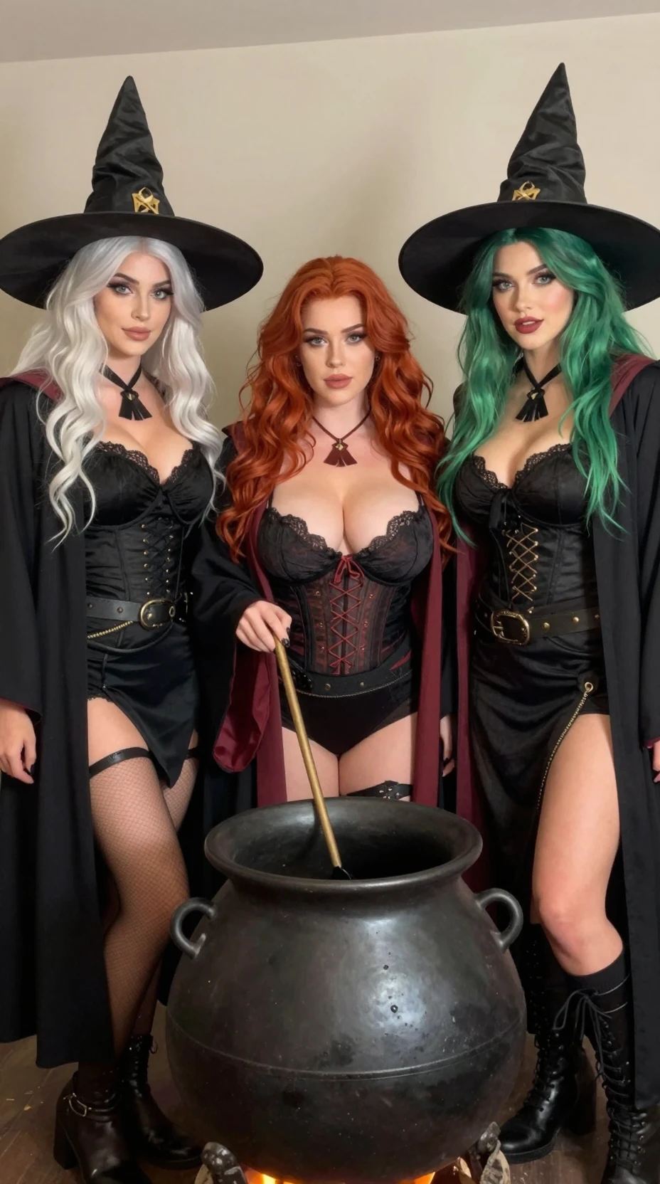 Three witches pose around a cauldron in a casual photograph