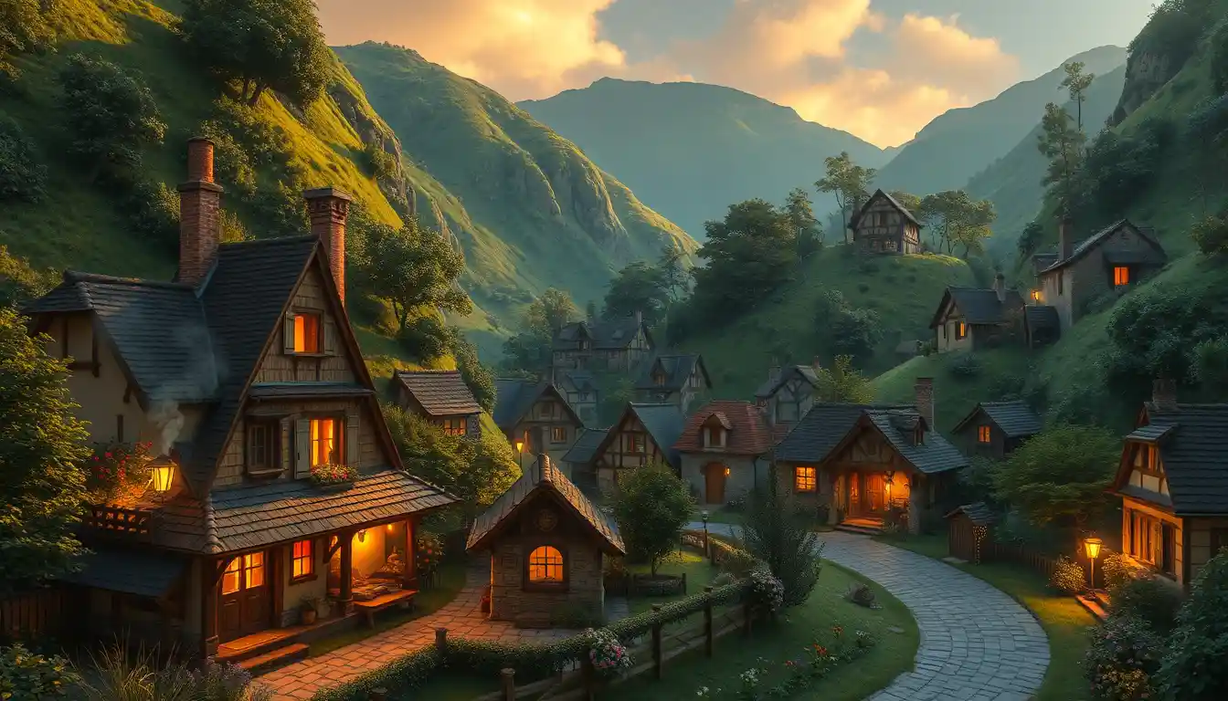 Un pequeño pueblo rodeado de colinas verdes al atardecer