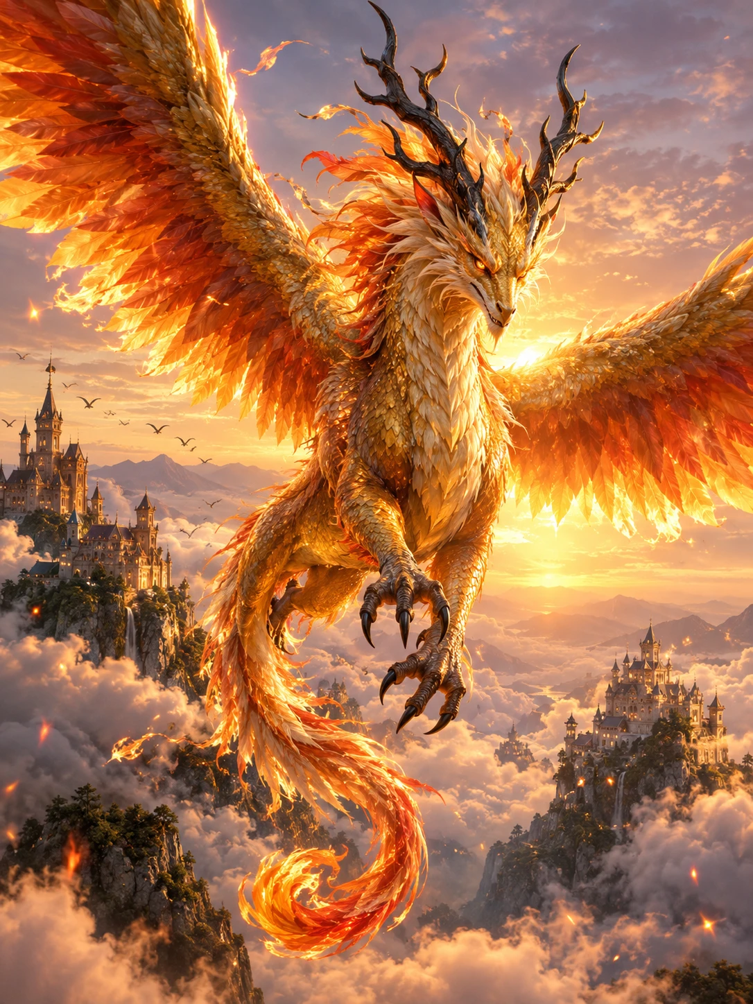 Ein feuriger Phönixdrache erhebt sich über wolkenverhangenen Klippen und Burgen