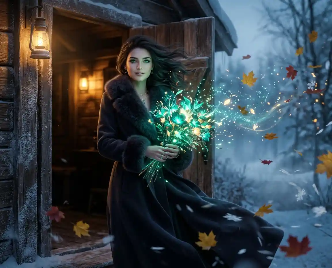 暮色中，一位年輕女子佇立在木屋門口