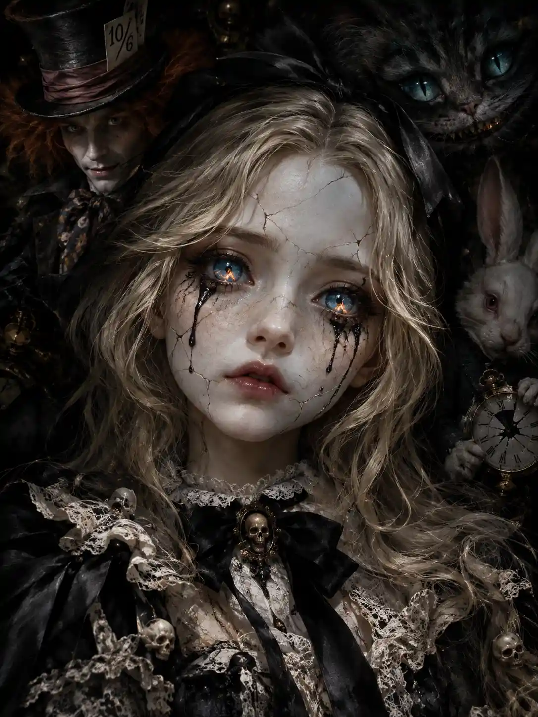 A Cracked Porcelain Doll Portrait With Black Tears And Blue Eyes