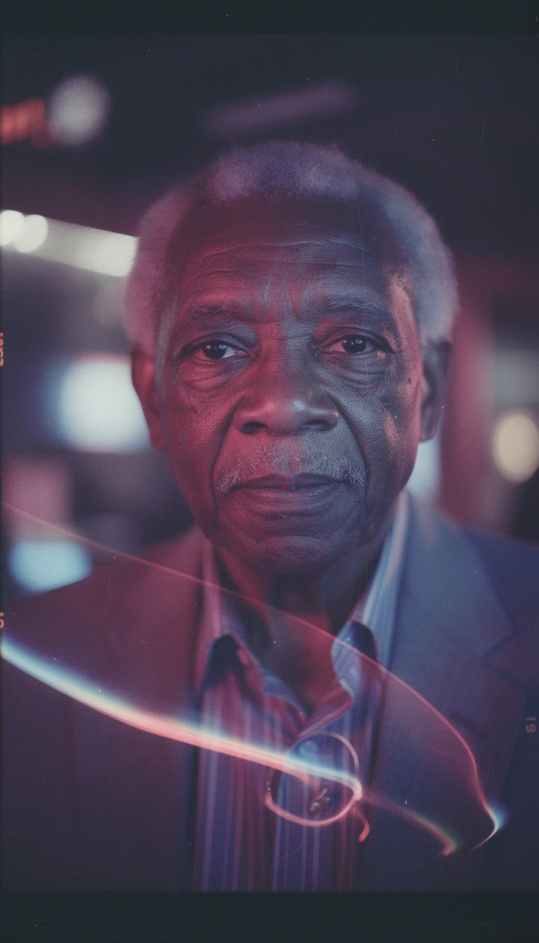 Un retrato estereoscópico de Morgan Freeman bajo luces de neón