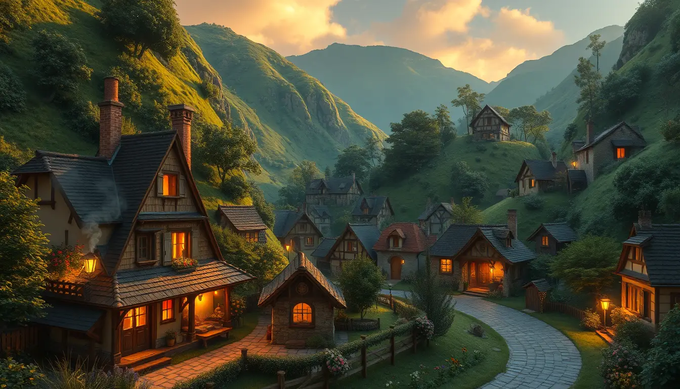 Un pequeño pueblo rodeado de colinas verdes al atardecer