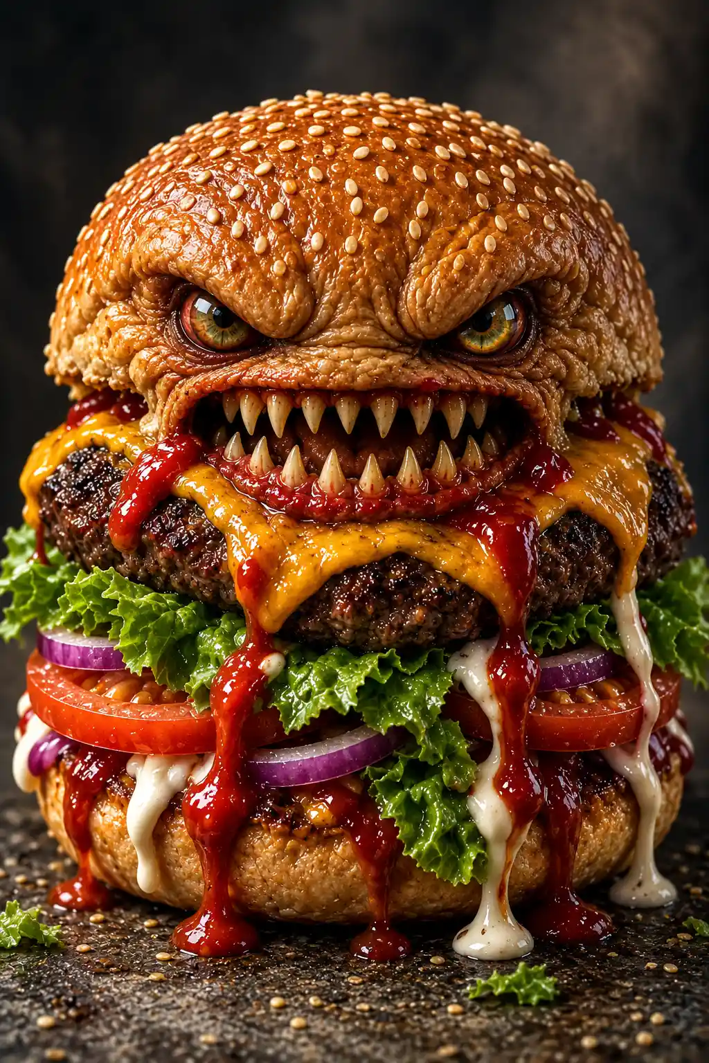 Una hamburguesa monstruosa y amenazante, con ojos verde avellana y una sonrisa llena de dientes