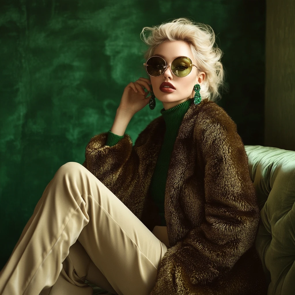 A Fashion Portrait of a Blonde Woman Seated Against a Sage Studio Backdrop