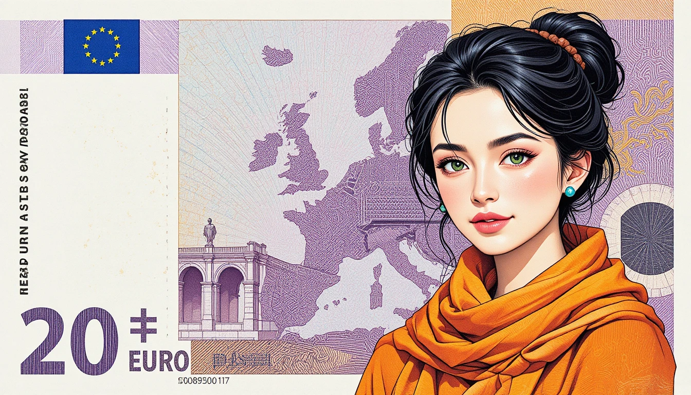 Stylized euro banknote with a neoclassical bridge design