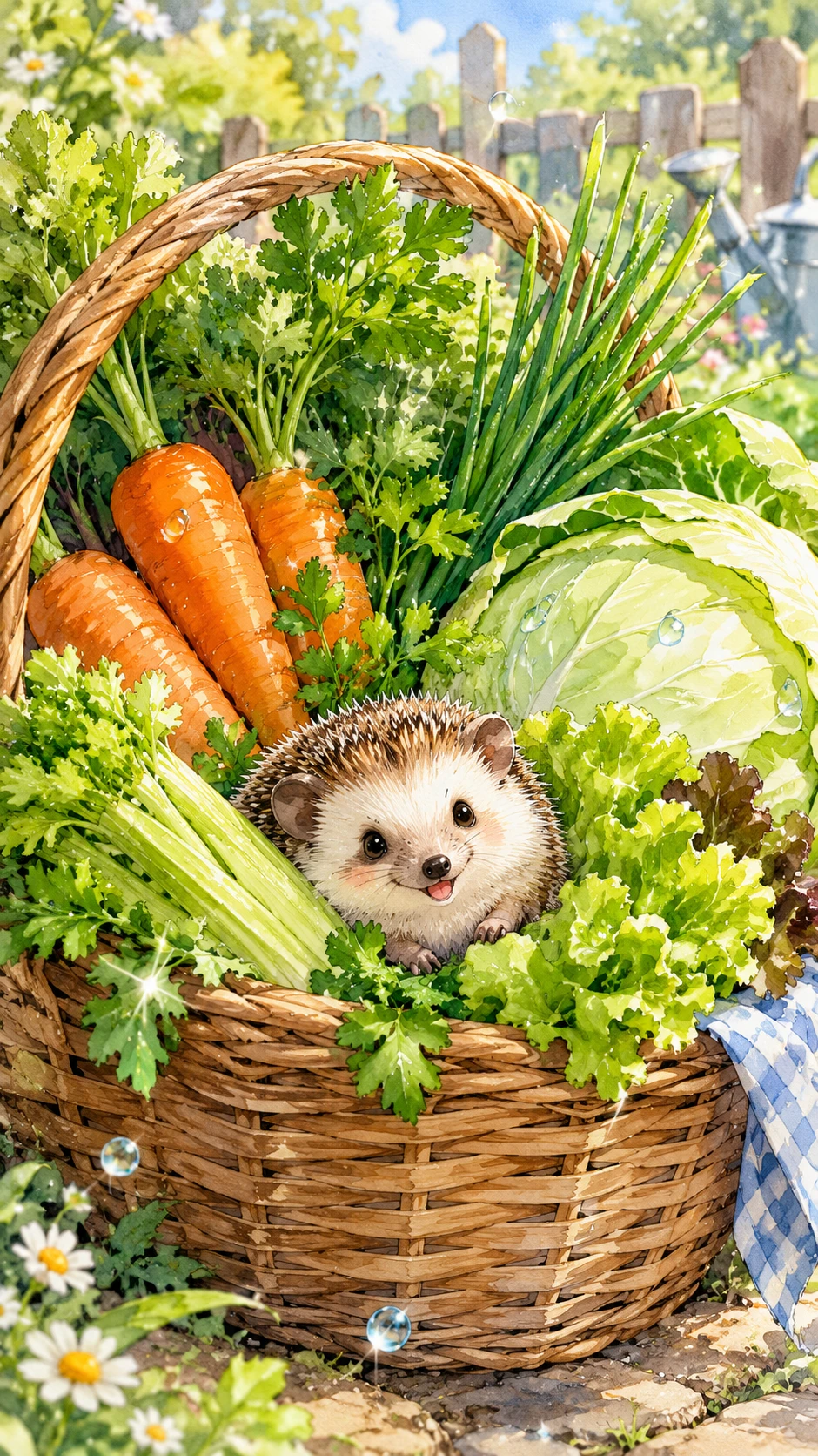 A laughing hedgehog nestles among fresh vegetables in a garden basket