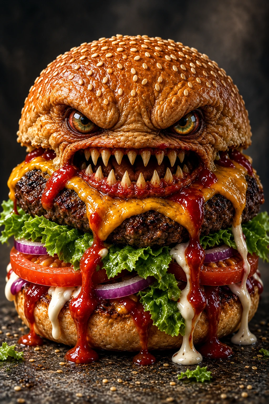 Una hamburguesa monstruosa y amenazante, con ojos verde avellana y una sonrisa llena de dientes