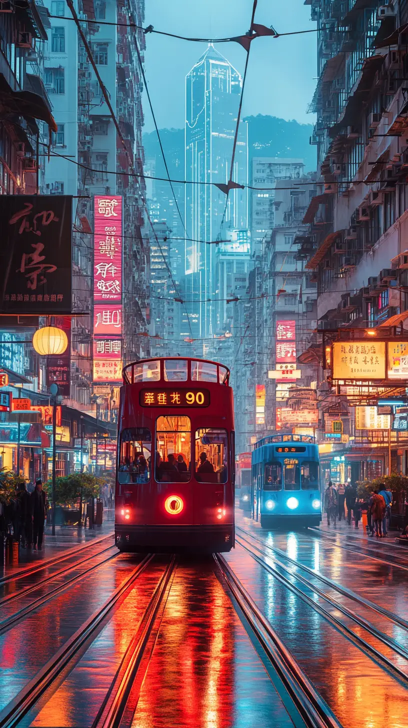 Un tranvía rojo de dos pisos cruza una calle de Hong Kong iluminada con neones