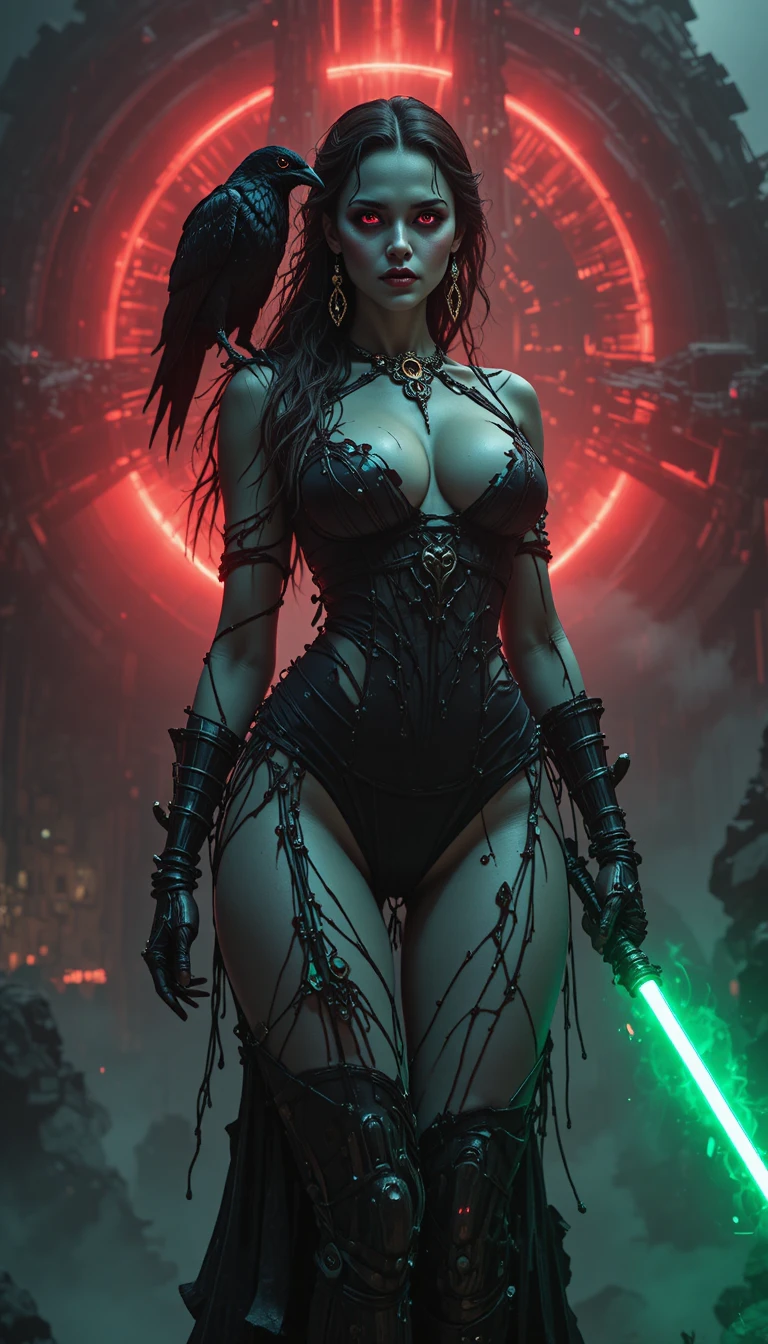 Undead pirate queen stands defiantly before a ghostly spaceship